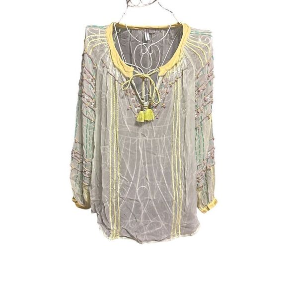 Beautiful Blank London Women Green Long Sleeve Blouse Sheer Embroidered Peasant - Picture 1 of 15